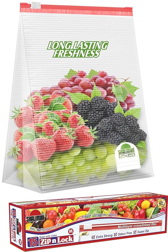 Shalimar Zip 'N' Slider Bag Size Medium (24.5 cm X 28 cm) Zip Lock/Vegetable/Fridge/MultiPurpose Storage Bag (15 Bags)