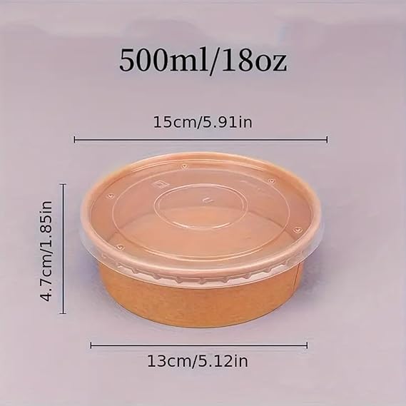 500 ML Brown Round Paper Bowl with Lids, Disposable Take Out Food Containers Storage Box for Hot/Cold Foods, Party Supplies for Soup, Salad, Dessert, Pasta, Noodles (25 PCS)