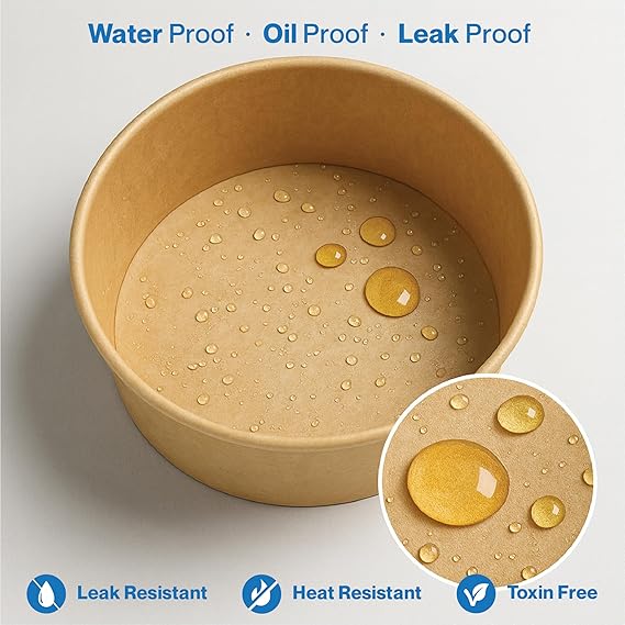 500 ML Brown Round Paper Bowl with Lids, Disposable Take Out Food Containers Storage Box for Hot/Cold Foods, Party Supplies for Soup, Salad, Dessert, Pasta, Noodles (25 PCS)