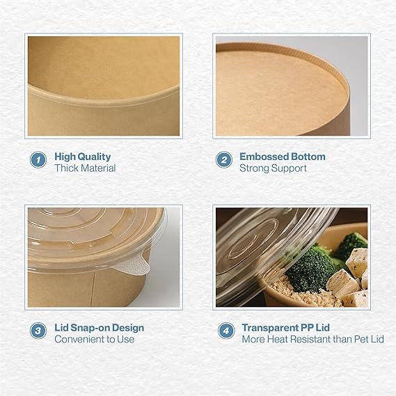 500 ML Brown Round Paper Bowl with Lids, Disposable Take Out Food Containers Storage Box for Hot/Cold Foods, Party Supplies for Soup, Salad, Dessert, Pasta, Noodles (25 PCS)